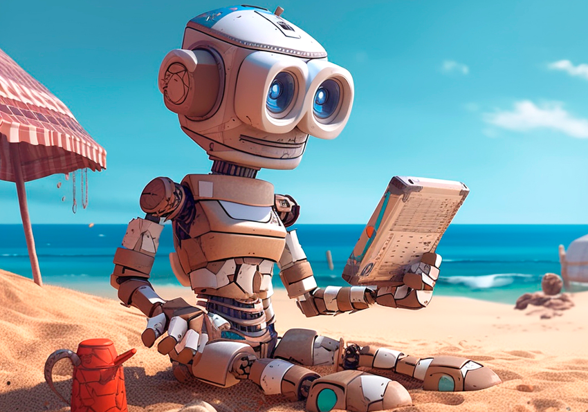 Imagen del evento:Dibujo de un robot sentado en la arena de la playa mirando una tableta.
