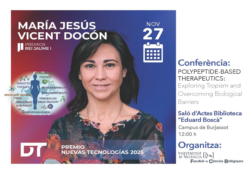 La profesora María Jesús Vicent, Premio Jaume I de Nuevas Tecnologías 2025, impartirá la conferencia “Polypeptide-Based Therapeutics. Exploring Tropism and Overcoming Biological Barriers”